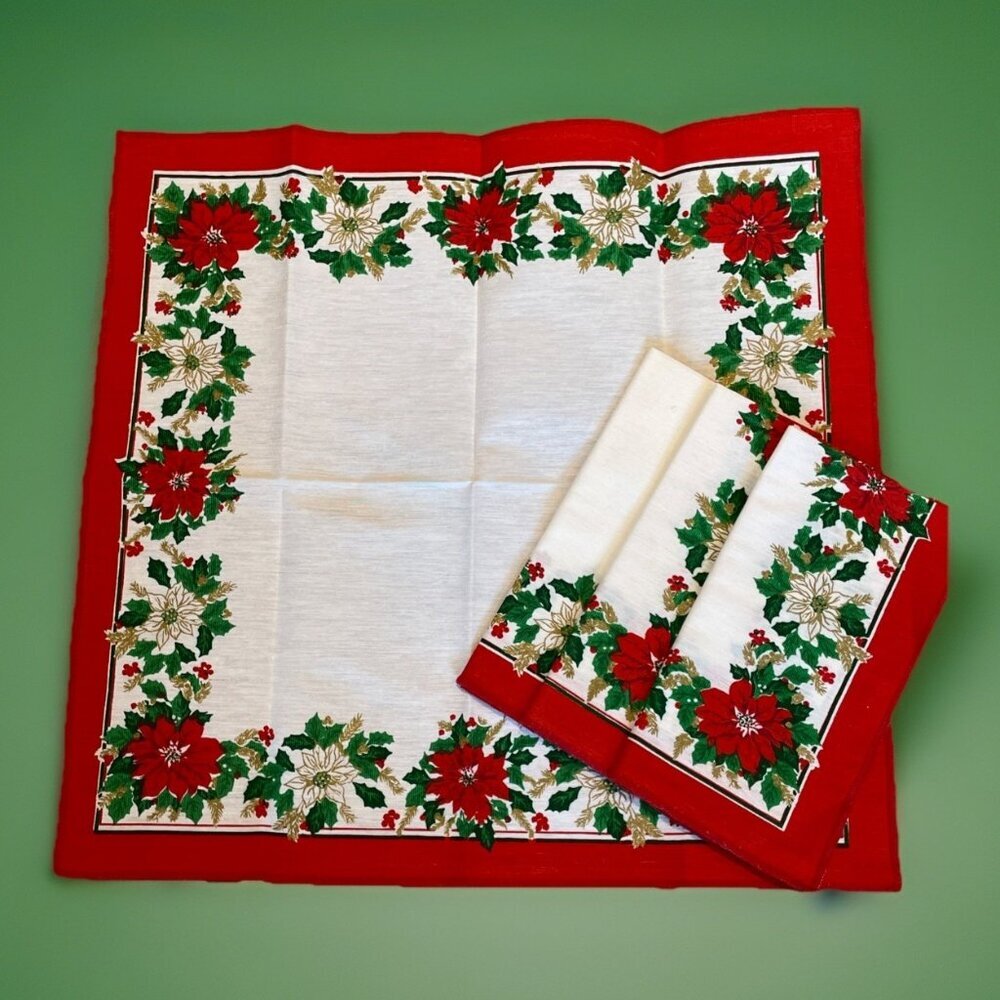 Set of 4 Vintage Sunweave Holiday Christmas Napkins Red Poinsettia Brazil NWOT
